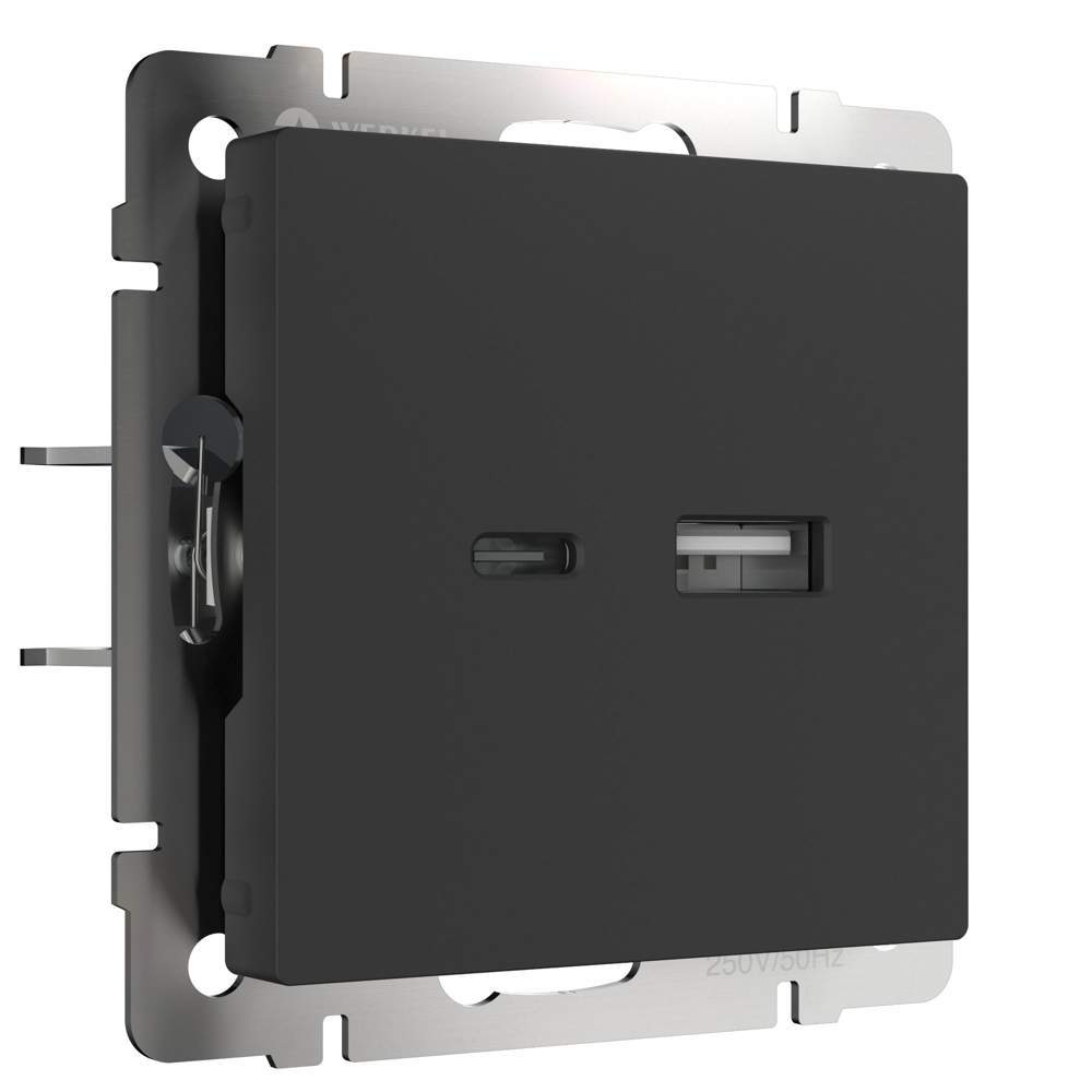 Розетка  Werkel USB тип A+С (черный матовый)  -  W1171808