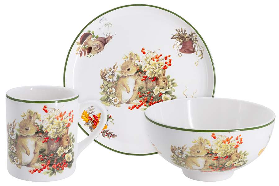 IMARY Набор детской посуды Зайчата 3 предм.(тарелка 18см,салатник 13см,кружка 200мл) IM-B0278-A3850