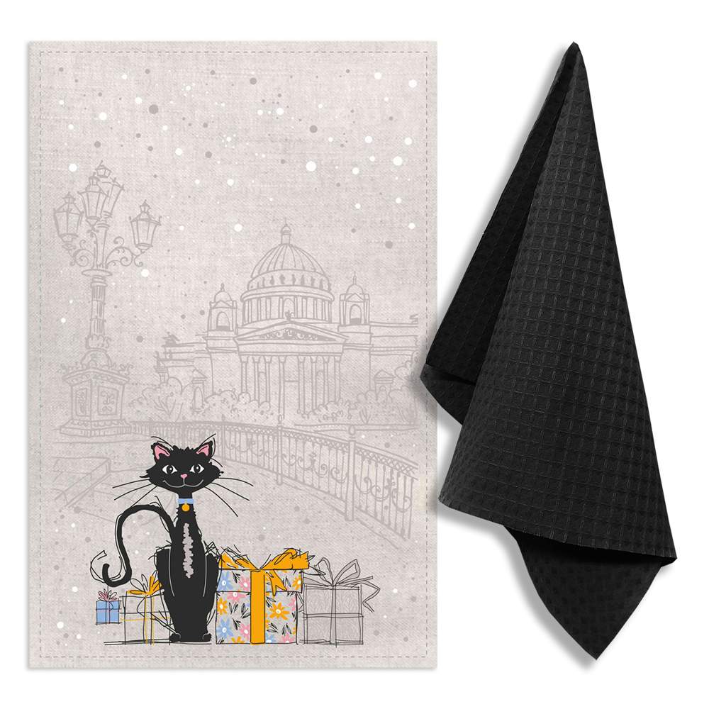 GRAND STIL Комплект полотенец Кот с подарком (полулён 39х60см 1шт +вафля 35х60см 1шт) ЛВ-308