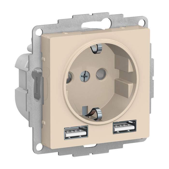 Розетка AtlasDesign  Беж. 3-м СП 16А IP20 с2-мя заряд.устр.USB А+А беж.  SE ATN000230