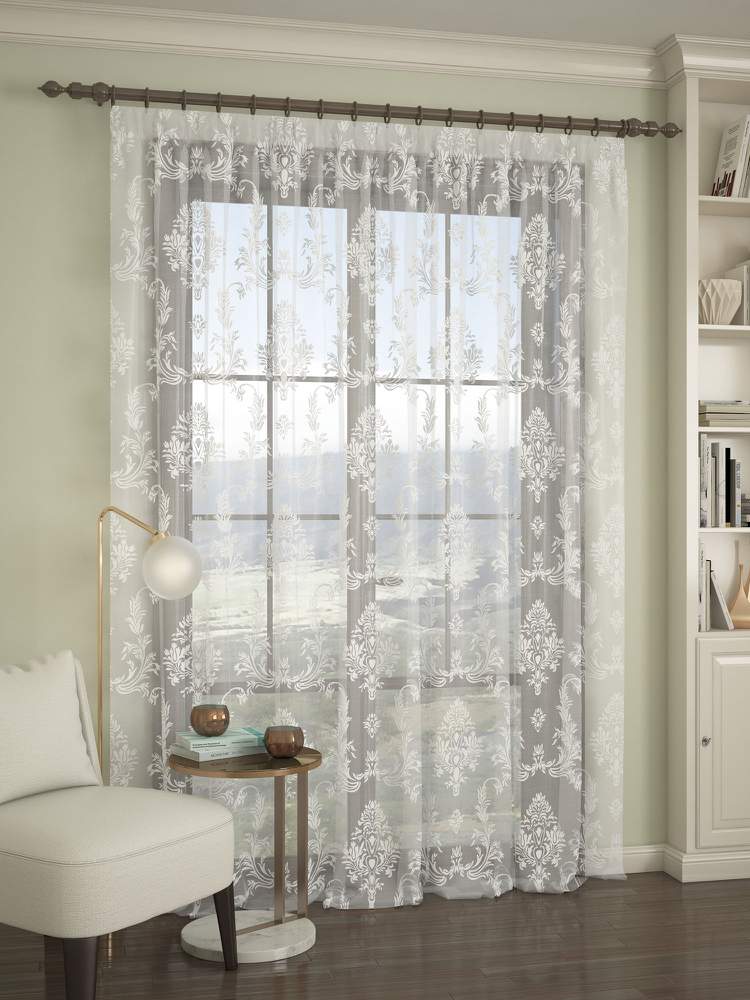 Штора  Органза  IP102-01  300х260  белый принт вытравка (полиэстер)