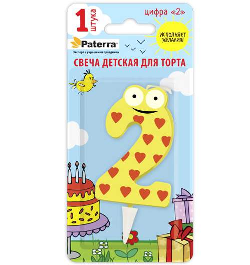 PATERRA Свеча д/торта Детская "Цифра 2" с глазами Желтая 401-523/257571