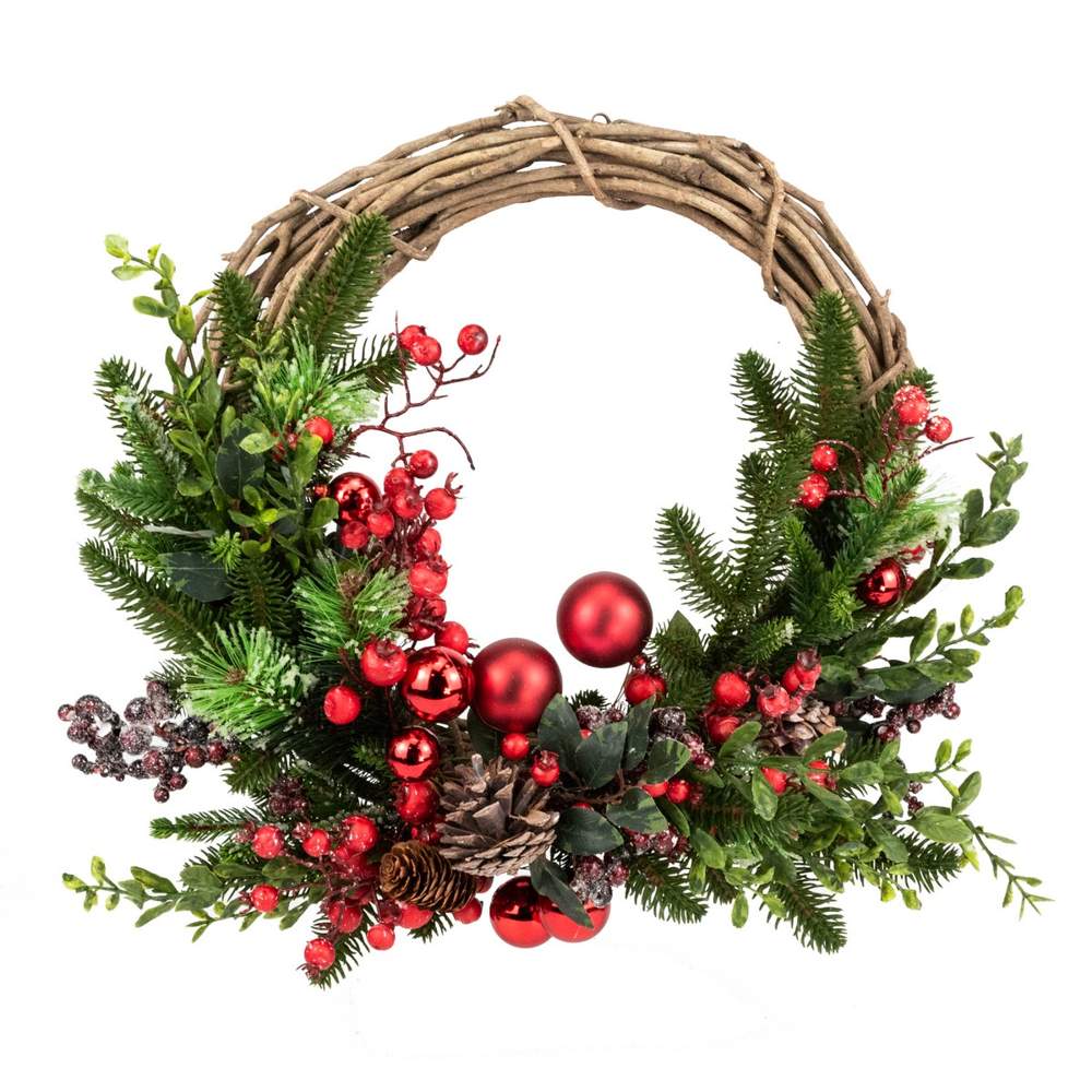 DECOLINE Венок декоративный с ягодами,шишками и шарами зеленый/красный 50см HEL611.20WB