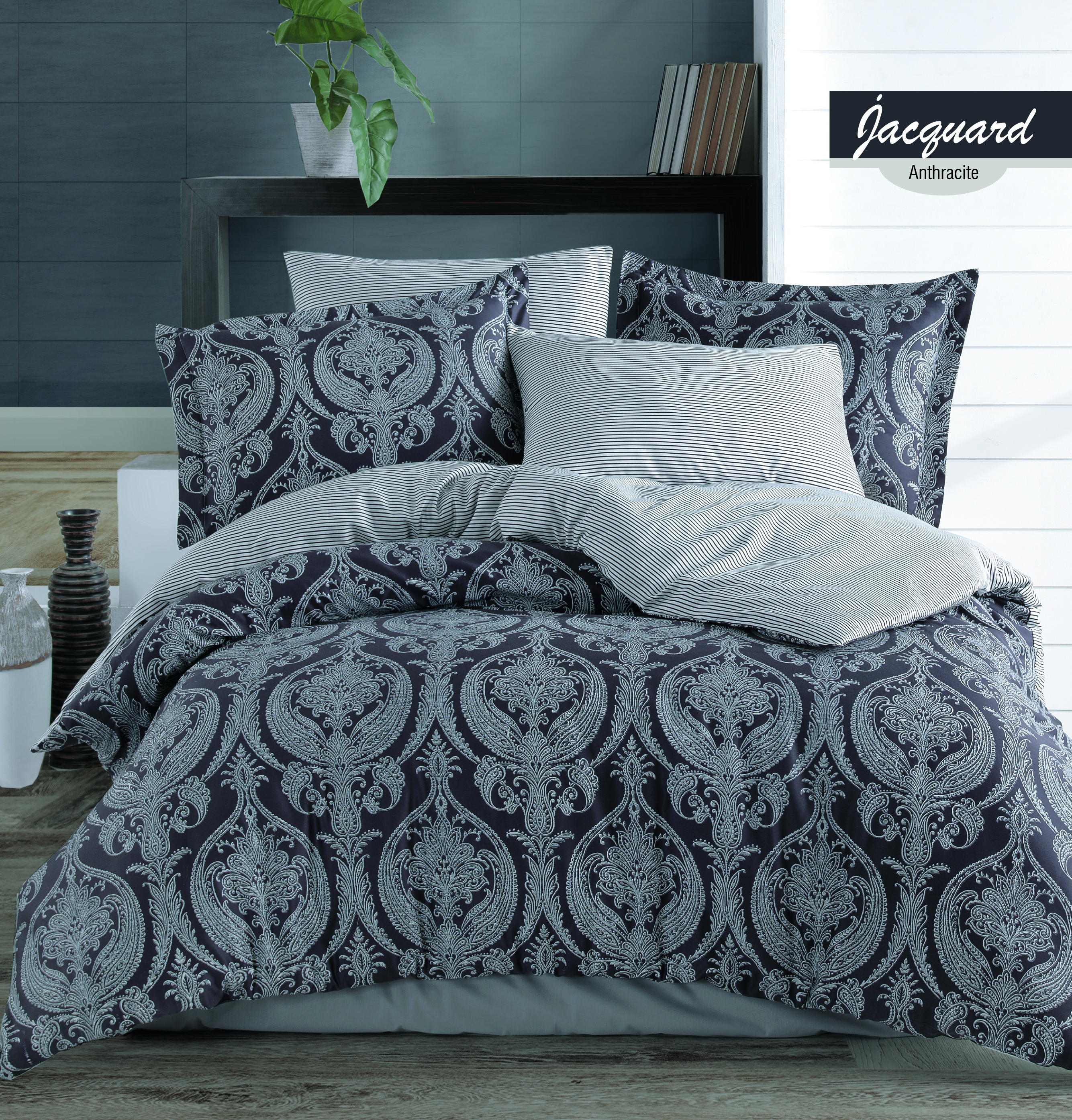 CLASS сатин КПБ Jacquard Antrasit Евро (прост.240х260,подод.200х220,нав.50х70-2/70х70-2) 
