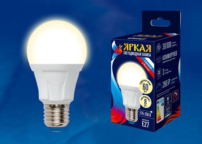 Лампа Uniel Palazzo LED-A60-8W/WW/E27/FR PLP01WH  теплый свет UL-00001522