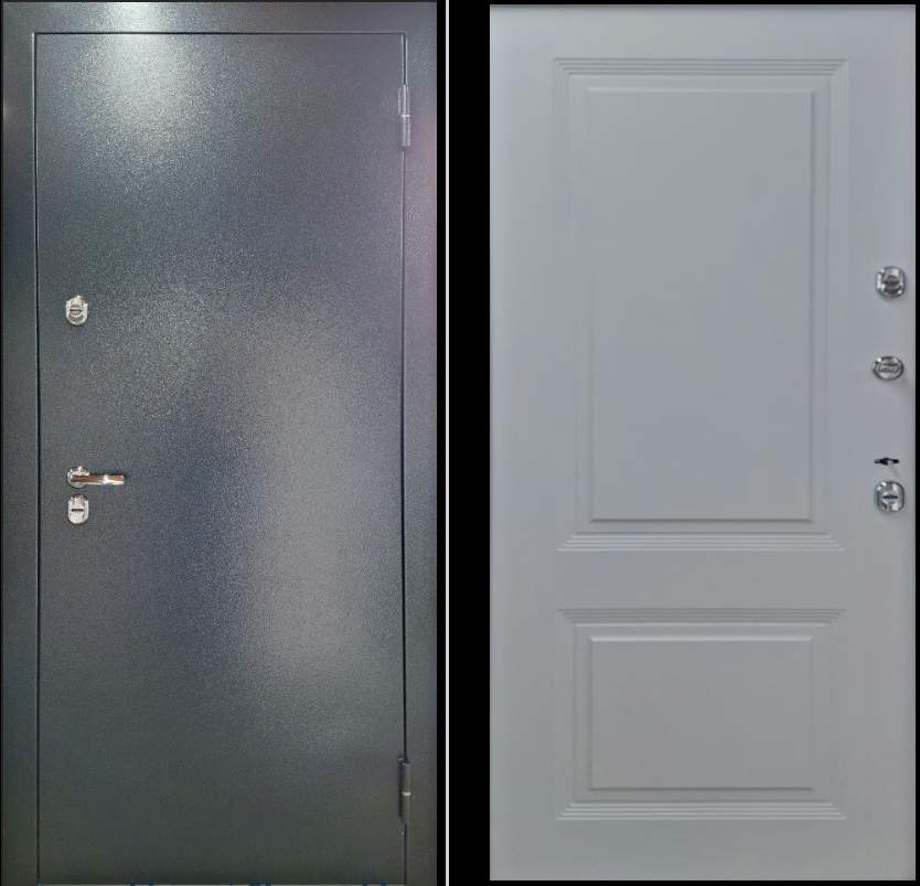 Дверь мет. ДС "Термо Профи"(Серебро на черном, внутр.-Белая Шагрень,фр.№64,фурн.хром)960*2050 левая