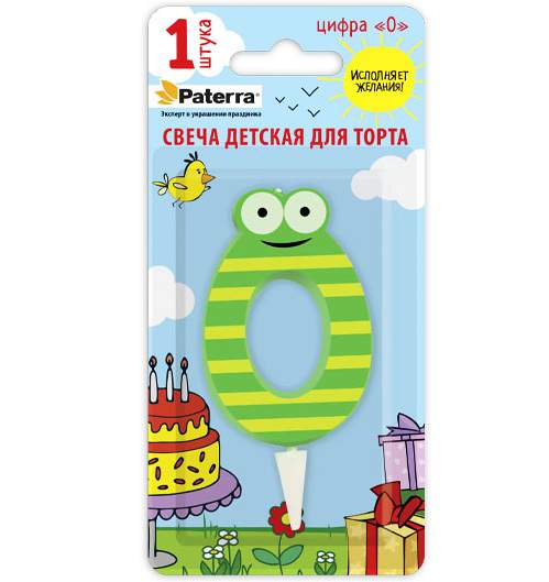 PATERRA Свеча д/торта Детская "Цифра 0" с глазами Зеленая 401-521/257569