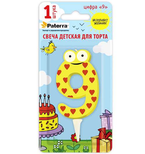 PATERRA Свеча д/торта Детская "Цифра 9" с глазами Желтая 401-530/257578