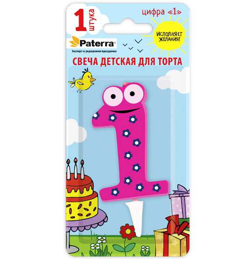 PATERRA Свеча д/торта Детская "Цифра 1" с глазами Фуксия 401-522/257570
