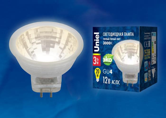 Лампа Uniel LED-MR11-3W/WW/GU4  GLZ21TR  12V, тепл.бел.,  UL-00001700