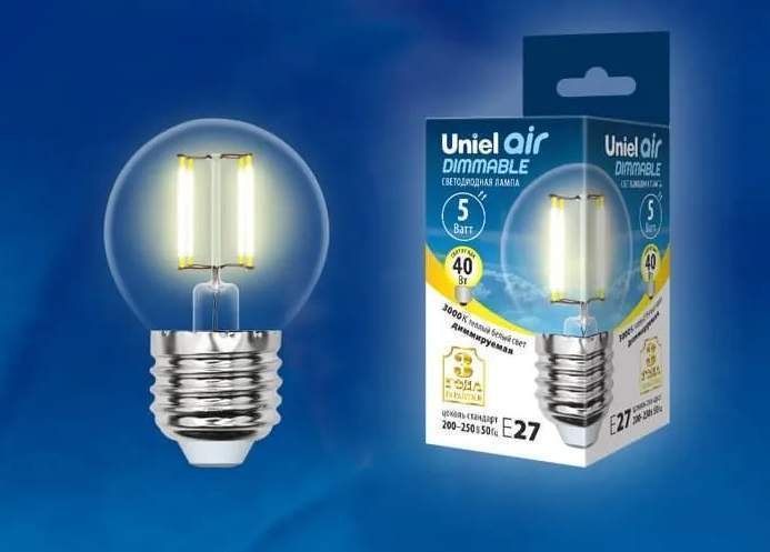 Лампа Uniel DIM LED-G45-5W/WW/E27/CL  GLA01TR  форма шар, прозрачная UL-00002868