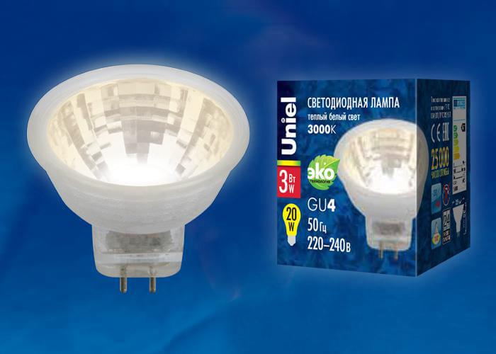 Лампа Uniel LED-MR11-3W/WW/GU4/220V  GLZ21TR  тепл.бел.,  UL-00001702