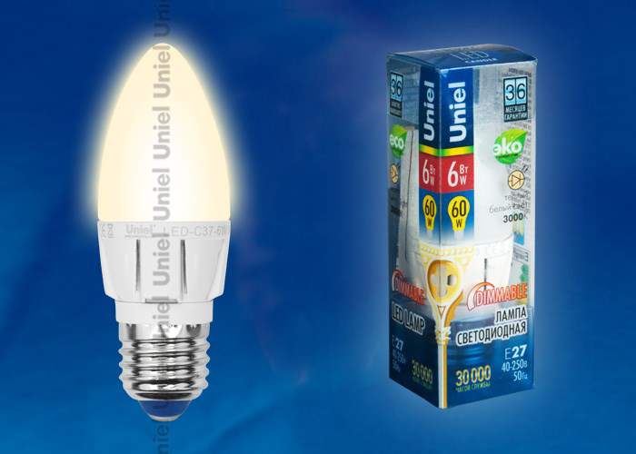 Лампа Uniel DIM LED-C37-6W/WW/E27/FR ALP01WH